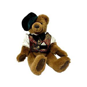 VTG Fine Toy Company Teddy Bear Brown Plush German Sweater Vest Velvet Green Hat
